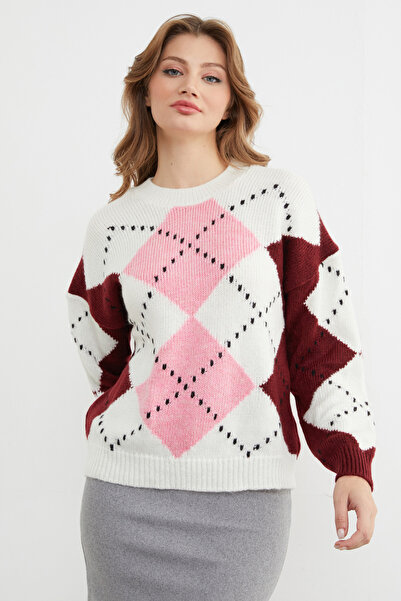Fulla Moda Diamond Patterned Crew Neck Knitwear Sweater