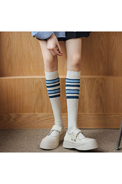 TChic White Knee-High Socks with Blue Detail