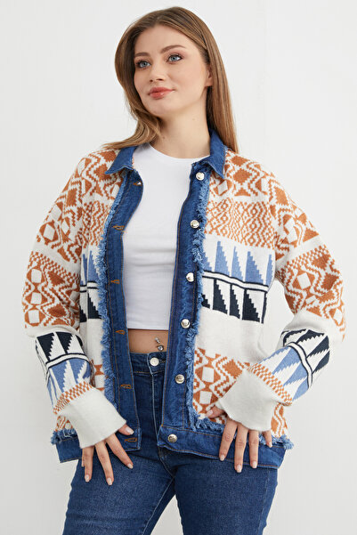 Fulla Moda Ethnic Patterned Denim Detailed Knitwear Jacket
