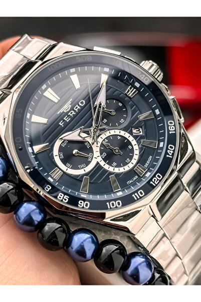 FERRO With Calendar, Men's Wristwatch, Silver Steel Band, Navy Blue Dial, Functions Active, with Bracelet Gift