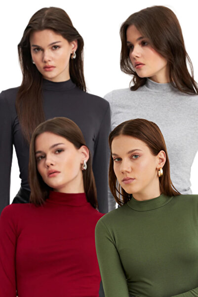 Bipantolon Women's Anthracite Light Gray Burgundy Khaki 4-Piece Half Turtleneck Basic Bodysuit