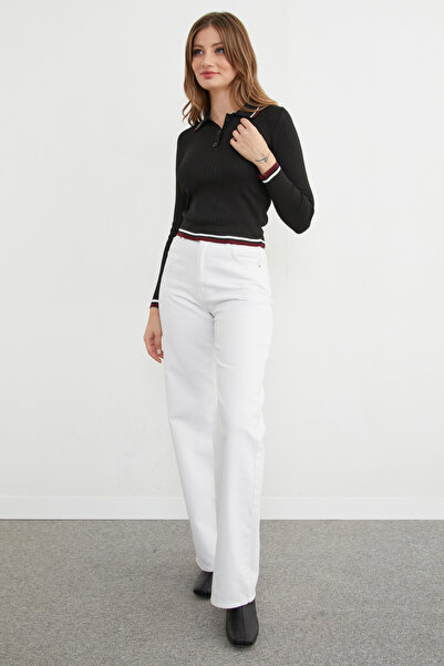 Fulla Moda Striped Corded Fabric Polo Neck Half Button Knitwear Sweater