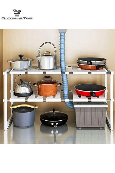 BLOOMING TIME أرفف تخزين قابلة للتعديل بمستويين متوفرة في الحمام والمطبخ وتحت...