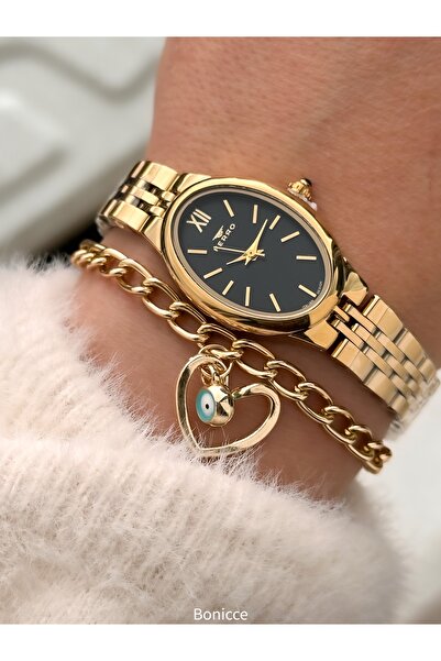 FERRO Vintage Women's Wristwatch, Mini Oval Case, Yellow Black Color Steel Band, Heart Bracelet Gift