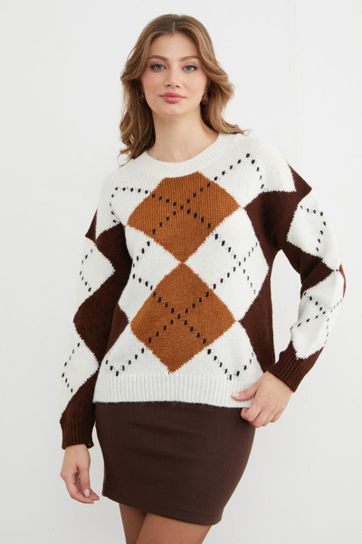 Fulla Moda Diamond Patterned Crew Neck Knitwear Sweater