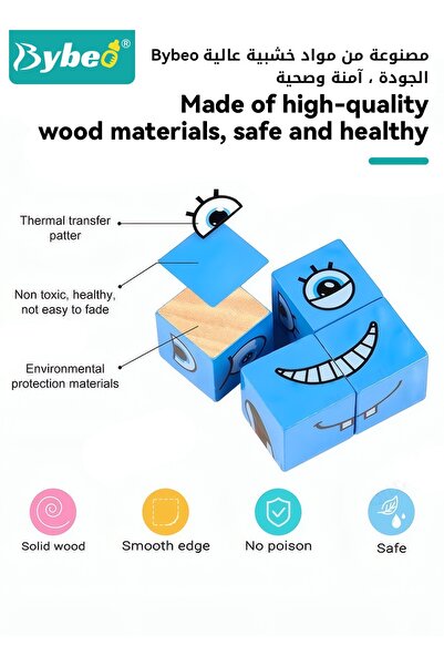 BYBEO Expression Blocks Set with Clap Bell and 64 Cards, Face Changing Wooden Expression Matching Cubes Ga
