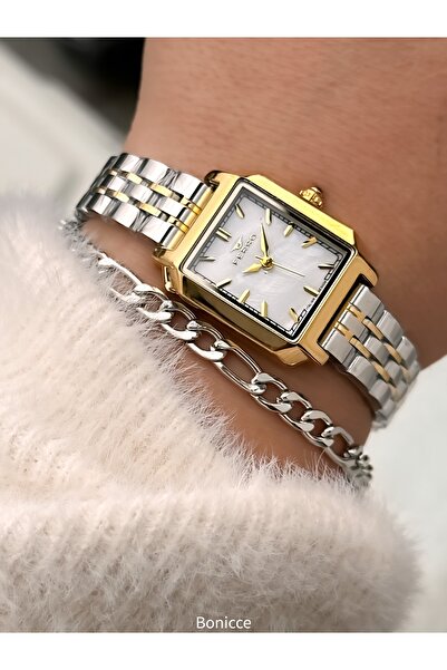 FERRO Vintage Women's Wristwatch, Silver Yellow Color Steel Band, Heart Bracelet Gift