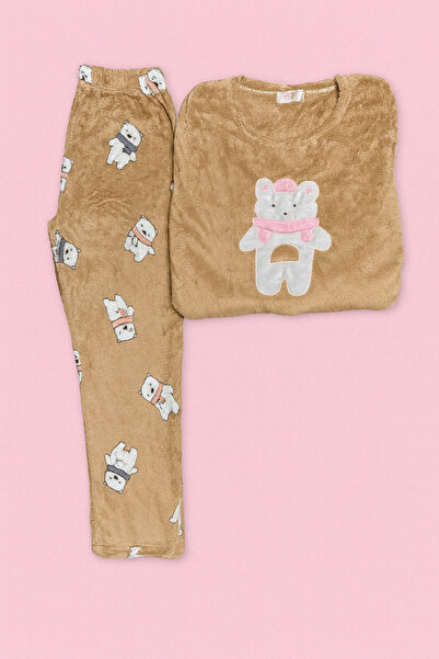 oncepetcom Teddy Bear Plush Warmth Women's Brown Pajama Set