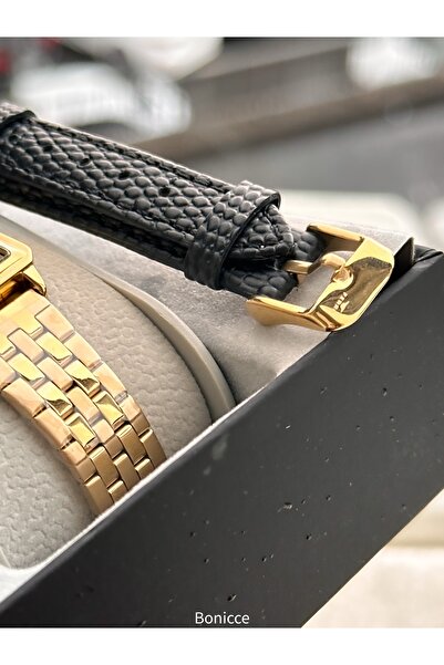 FERRO Vintage Women's Wristwatch, Rectangular Case, Yellow Color Steel-Leather Case Band, Heart Bracelet Gift