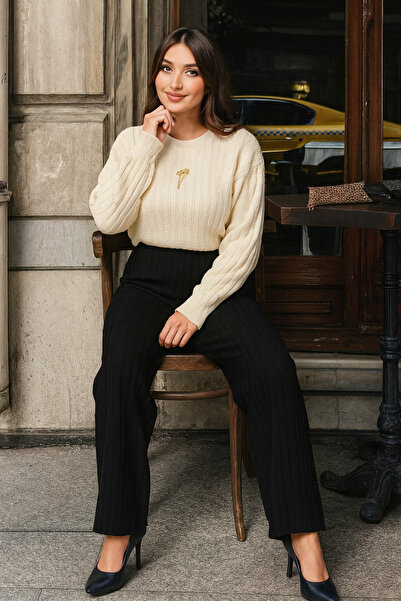 H&E LUXURY DESIGN Women's Brooch Detailed Stylish and Elegant Knitwear Two-Piece Set