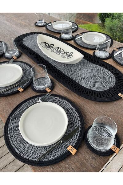 home inn 13-Piece Stain-Resistant Polypropylene Braided Model American Dinner Set – 6 Plates, 6 Coasters, 1 Runner