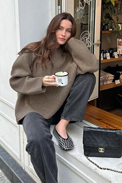 SHILSEE BEUTİQUE Women's Mink Circular Neck Relaxed Knitwear Sweater