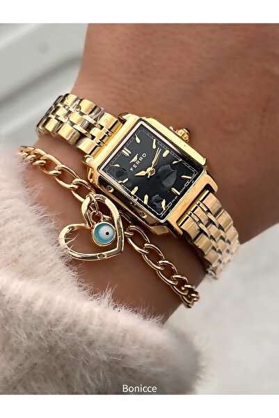 FERRO Vintage Women's Wristwatch, Yellow Color Steel Band, Heart Bracelet Gift