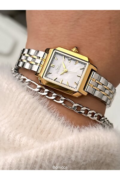 FERRO Vintage Women's Wristwatch, Silver Yellow Color Steel Band, Heart Bracelet Gift
