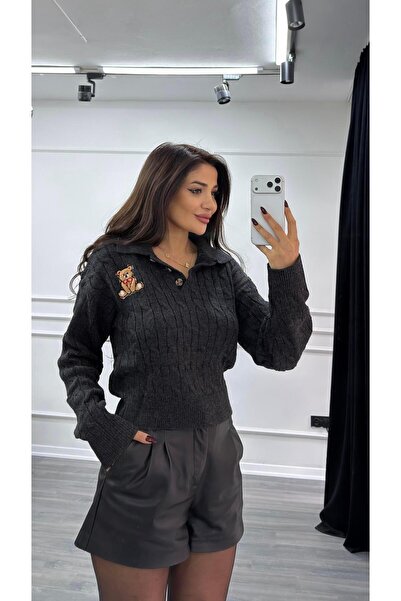 Daves Anthracite Teddy Bear Embroidered Patterned Knitwear Sweater Beige