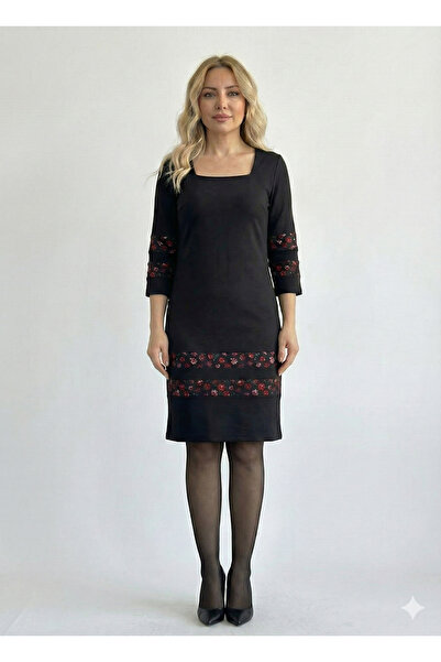 My-o Square Neck Flannel Detail Two Thread Fabric Dress