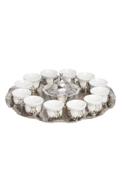 ACAR Luxury Arabian Coffee Set for 12 with Tray and Covered Dates Pot in a Silver Touch – Made in Turkey