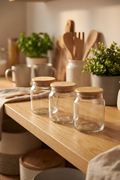 ZURİ DESİGN 3-Piece Glass Storage Container Set 275 Cc - Food Preservation Jar with Vacuum Bamboo Lid
