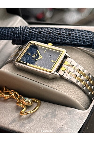 FERRO Women's Wristwatch, Rectangular Case, Navy Blue Yellow Color Steel-Leather Case Band, Heart Bracelet Gift
