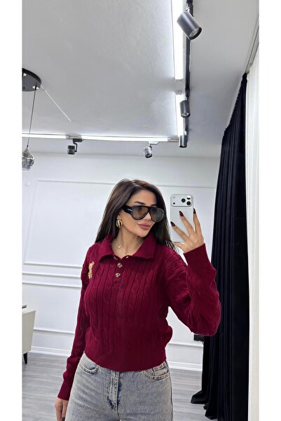 Daves Burgundy Teddy Bear Embroidered Patterned Knitwear Sweater Beige