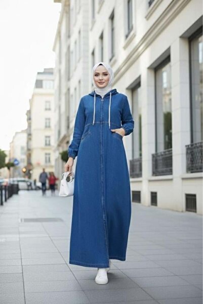 Hb Harma Time Butik Women's Hooded , Dark Denim Blue Cap with Zipper and Pockets