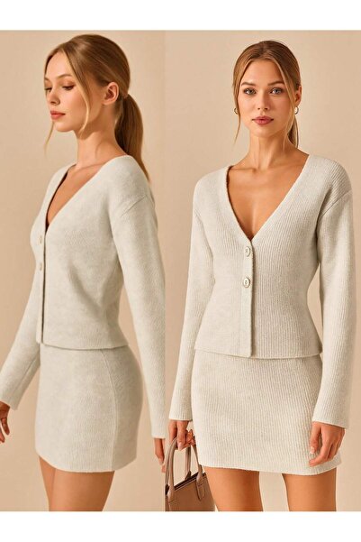 Puella Tkm0006 Women's Stone Color Buttoned Cardigan-Mini Skirt Knitwear Bottom-Top Set