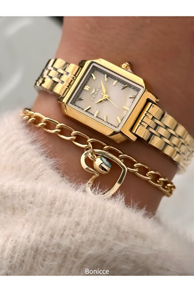 FERRO Vintage Women's Wristwatch, Yellow Color Steel Band, Heart Bracelet Gift