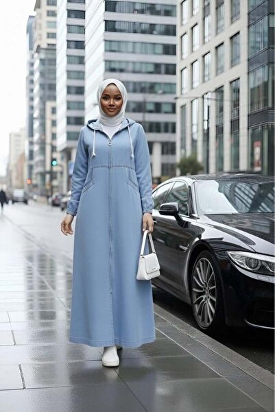 Hb Harma Time Butik Women's Hooded , Light Denim Blue Cap with Zipper and Pockets