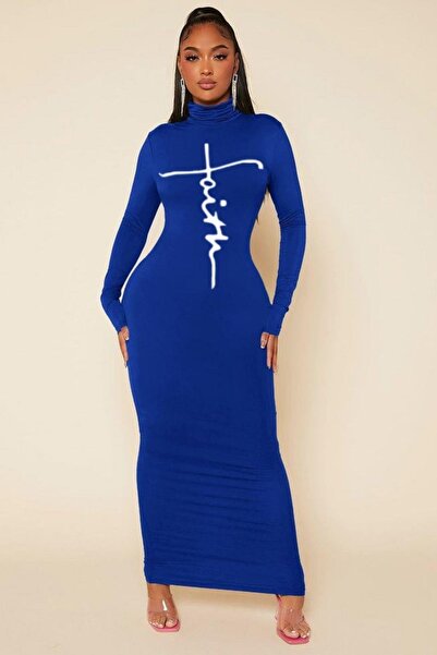 Mossta Long Sleeve High Neck Print Detail Full Length Viscose Dress Blue