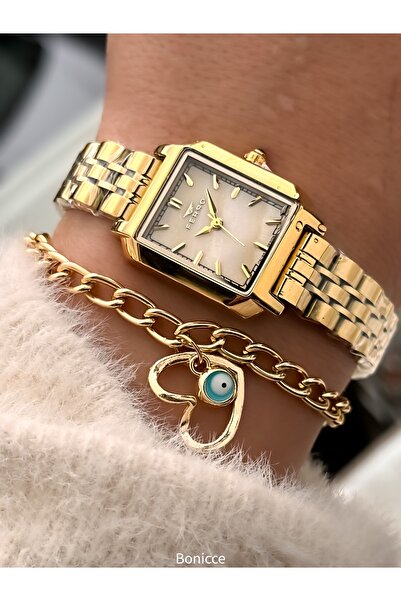 FERRO Vintage Women's Wristwatch, Yellow Color Steel Band, Heart Bracelet Gift