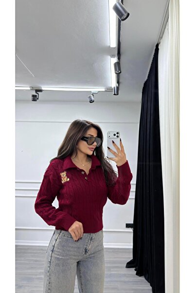 Daves Burgundy Teddy Bear Embroidered Patterned Knitwear Sweater Beige