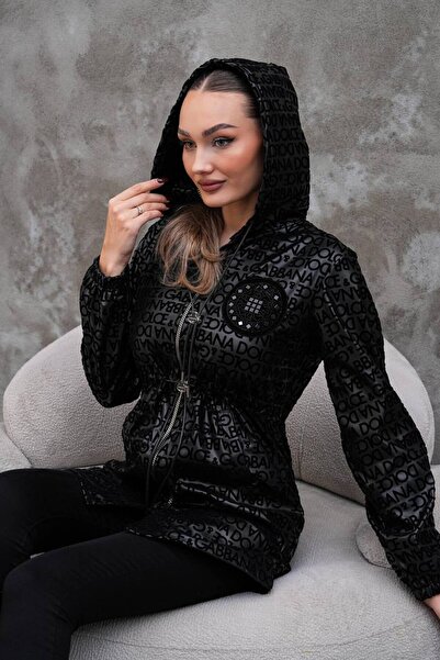 KÜBRA Premium Patterned Hooded Coat – Stone Embroidered Detail