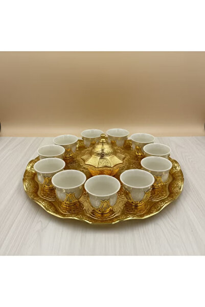 ACAR Luxury Arabian Coffee Set for 12 with Tray and Covered Dates Pot in Gold – Made in Turkey