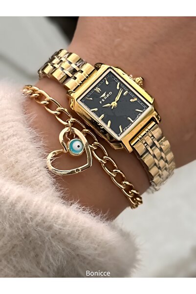 FERRO Vintage Women's Wristwatch, Yellow Color Steel Band, Heart Bracelet Gift