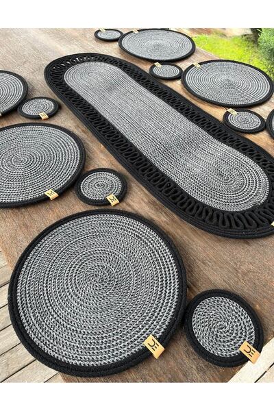 home inn 13-Piece Stain-Resistant Polypropylene Braided Model American Dinner Set – 6 Plates, 6 Coasters, 1 Runner