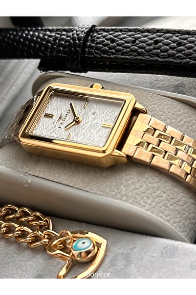 FERRO Vintage Women's Wristwatch, Rectangular Case, Yellow Color Steel-Leather Case Band, Heart Bracelet Gift