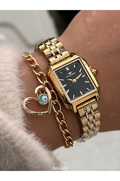 FERRO Vintage Women's Wristwatch, Yellow Color Steel Band, Heart Bracelet Gift