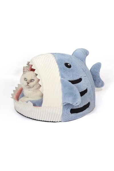 Arabest سرير قطط لطيف، كهف قطط داخلي ناعم على شكل سمكة قرش زرقاء دافئة مع وسادة قابلة للإزالة والغسل للقطط