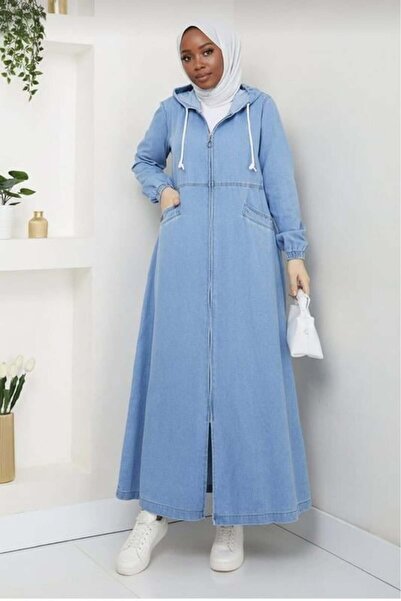 Hb Harma Time Butik Women's Hooded , Light Denim Blue Cap with Zipper and Pockets