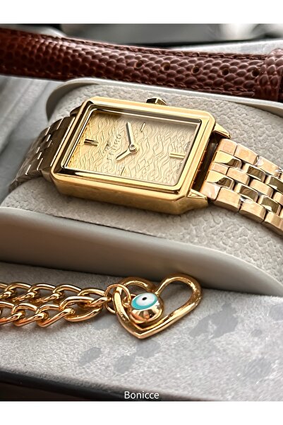 FERRO Vintage Women's Wristwatch, Rectangular Case, Yellow Color Steel-Leather Case Band, Heart Bracelet Gift