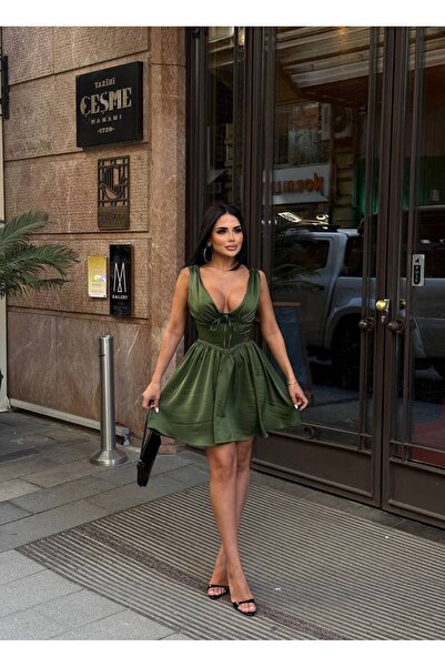 SHEZAN MODA Women's Khaki Lace-Up Corset Detail Gathered Shoulders Mini Satin...