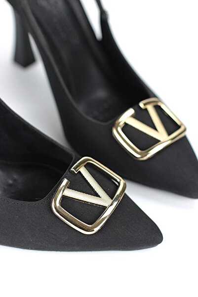 Gökhan Talay Melina Flexible Soft Non-Slip Sole (10 cm) Black Suede Open Elastic V Buckle Women's Heel