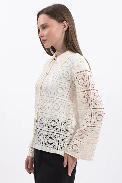 Hatun Atila Women's White Shirt Collar Lace-Like Knit Süzene Shirt 5120