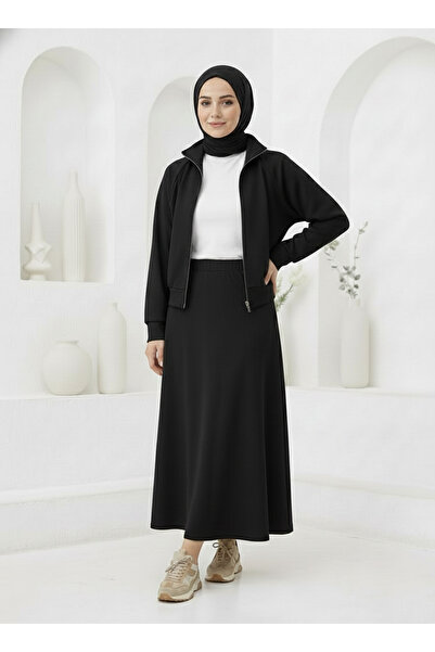 Generic Brand Zipper Detail Skirt Suit-Black
