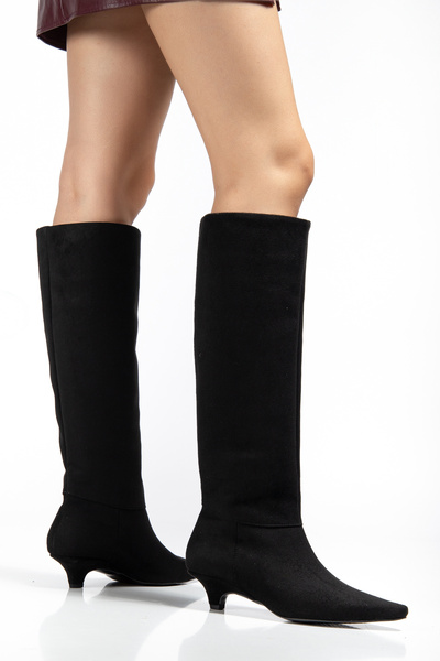 Elosy ENOLA KADIN SİYAH SÜET KISA FETA TOPUKLU ÇİZME