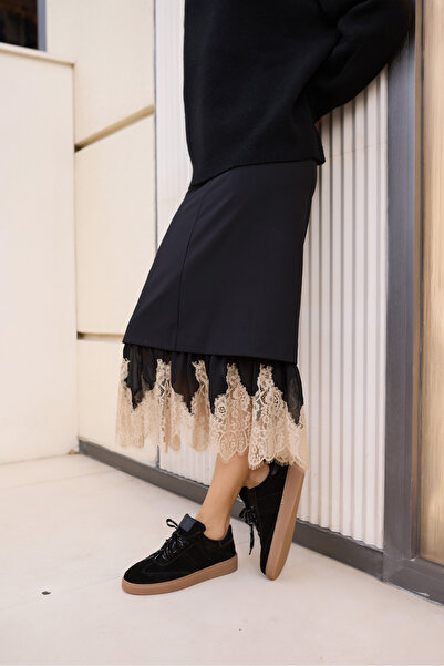 ANGELİNA JONES Fi̇ori̇n Women's Black Genuine Leather Suede Sneaker