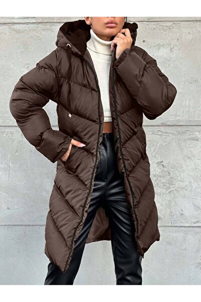 BLUSS Women's Hooded Long Fiber Filled Puffer Coat – Waterproof Winter Oversized Brown Jessica