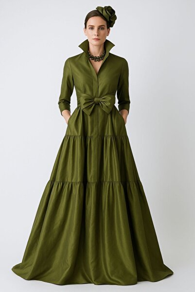 ALYEL NAKER Maxi Taffeta Stylish Shirt Dress with Belt & Ruffle Detail