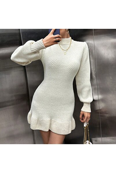 Sea Style Kadın Balon Kol Desenli Mini Triko Elbise