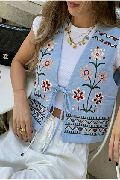 FEMELLE Жіночий синій бавовняний жилет з вишивкою та зав'язками на грудях